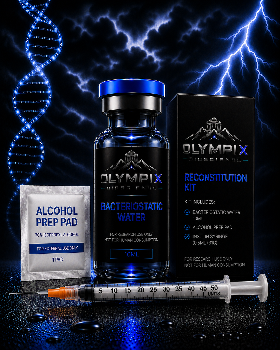 OLYMPIX Reconstitution Kit — bacteriostatic water, syringe, and alcohol prep pad